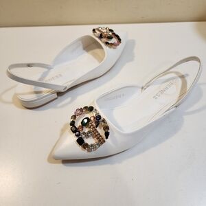PENELOPE Women's White Flat Slingback Bling Pointed Toe Shoes 7